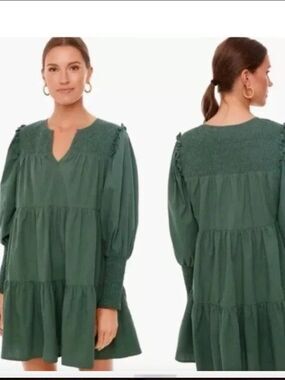 Pomander Place Dress Size Small Ceci Smocked Green Tiered Cotton Mini Boho